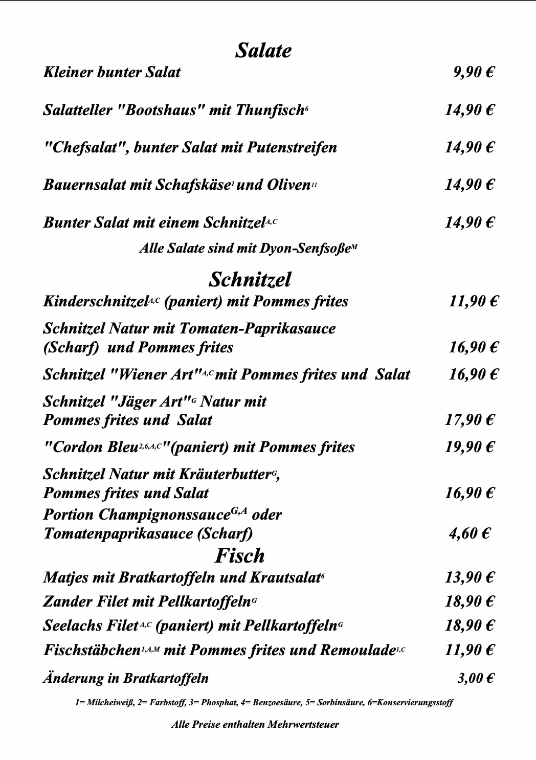 Speisekarte Salate, Schnitzel, Fisch