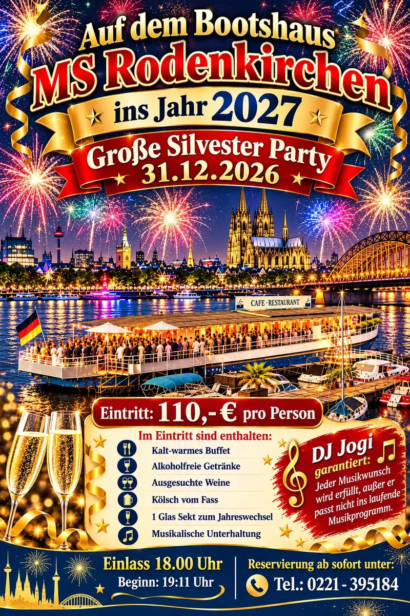 Plakat: Große Silvester Party auf dem Bootshaus MS Rodenkirchen am 31.12.2026